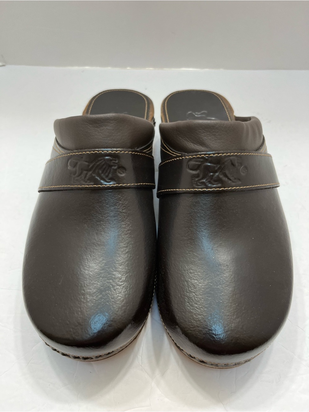 Leon Leather Wooden Clogs Mules Brown Men 9 EU 42 Women 11